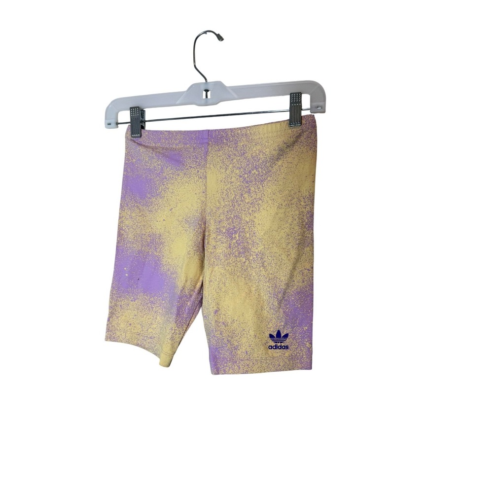 Adidas Biker Shorts Kids 11-12Y Purple Yellow Splatter Print Activewear Gym